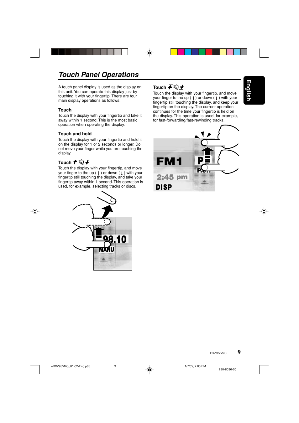 Disp, Touch panel operations, Manu | Clarion DXZ955MC User Manual | Page 9 / 58