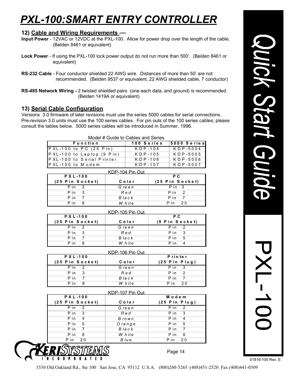 Pxl-100:smart entry controller, 12) cable and wiring requirements, 13) serial cable configuration | Keri Systems PXL-100 User Manual | Page 14 / 14