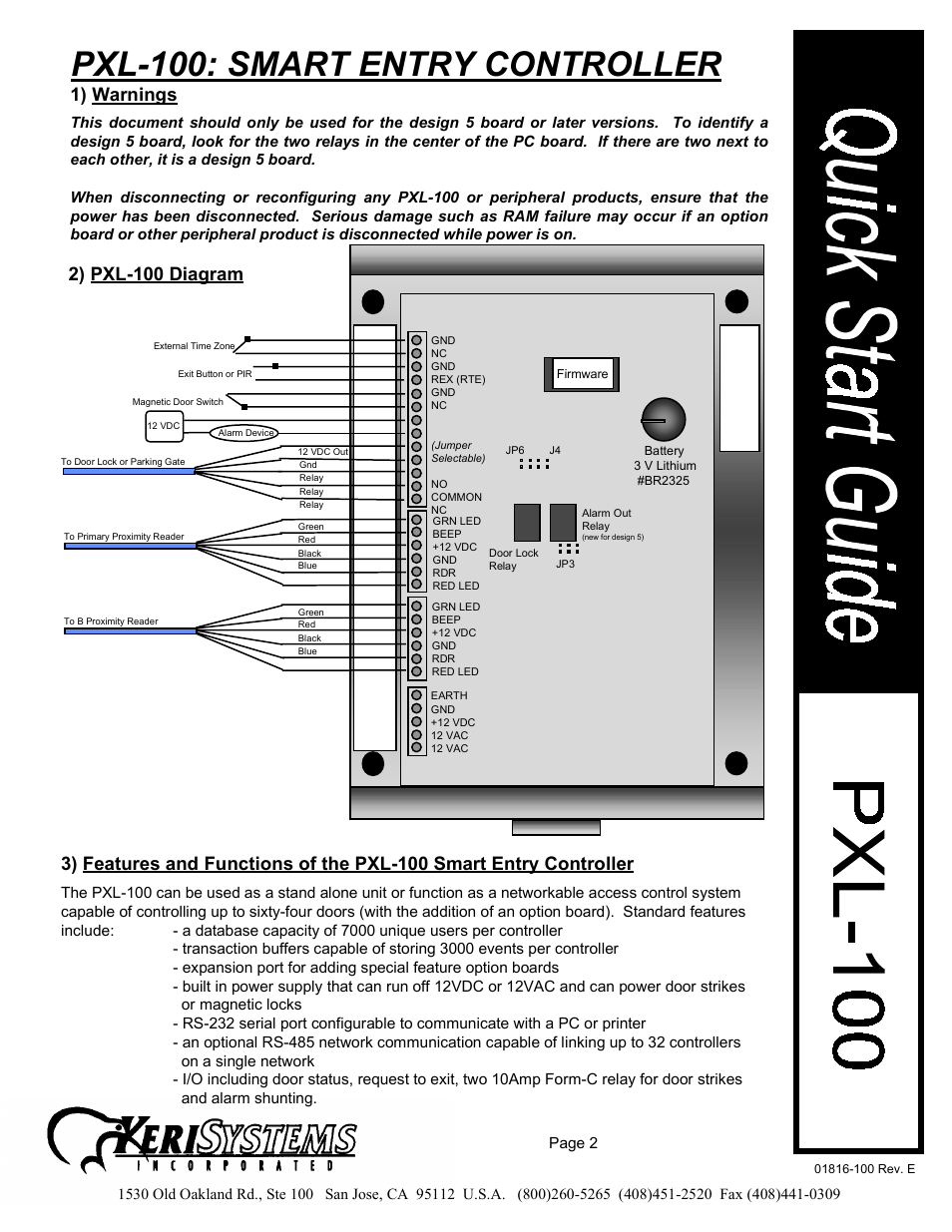 Pxl-100: smart entry controller, 1) warnings, 2) pxl-100 diagram | Keri Systems PXL-100 User Manual | Page 2 / 14