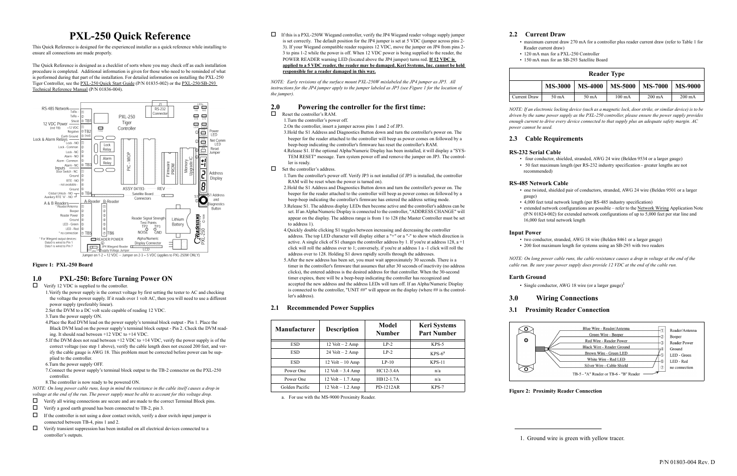 Keri Systems PXL-250 Quick Reference User Manual | 2 pages