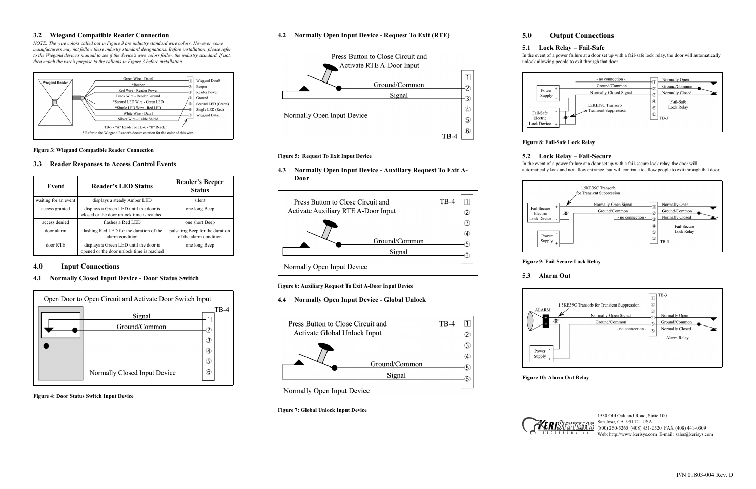2 wiegand compatible reader connection, 3 reader responses to access control events, 0 input connections | 4 normally open input device - global unlock, 0 output connections, 1 lock relay - fail-safe, 2 lock relay - fail-secure, 3 alarm out | Keri Systems PXL-250 Quick Reference User Manual | Page 2 / 2