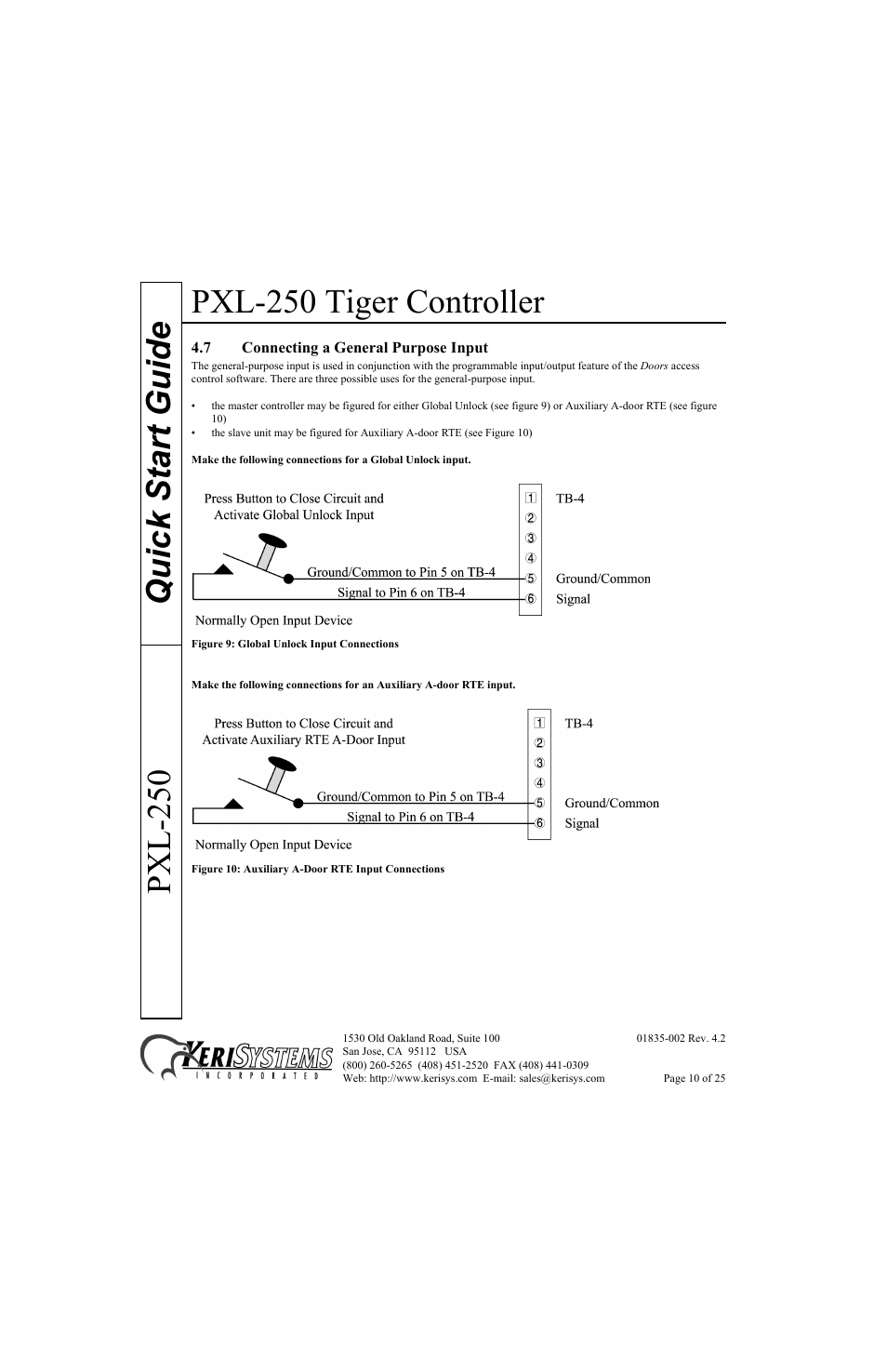 7 connecting a general purpose input, Pxl-250 tiger controller, Quick start guide pxl-250 | Keri Systems PXL-250 Quick Start User Manual | Page 10 / 25