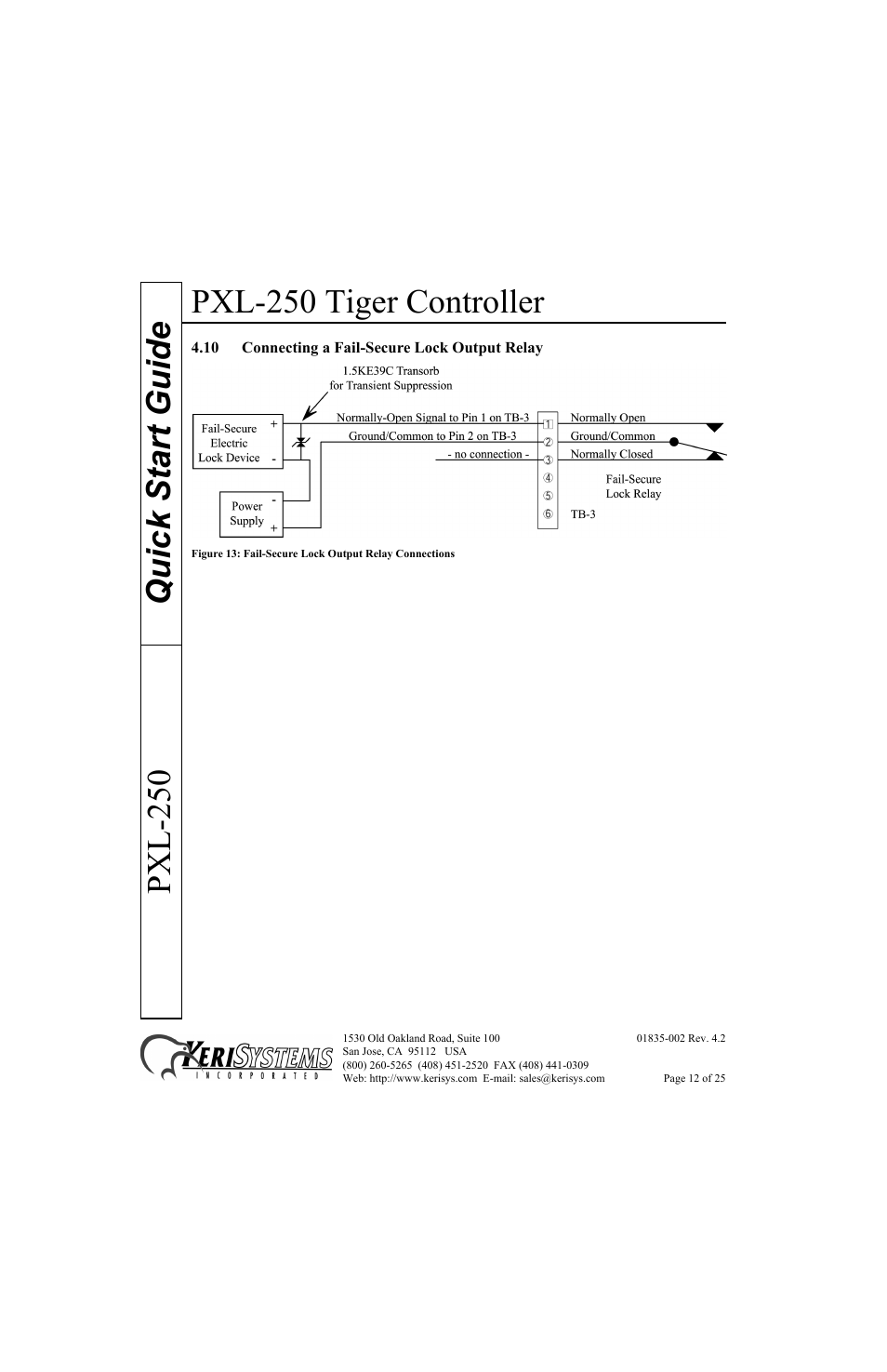10 connecting a fail-secure lock output relay, Pxl-250 tiger controller, Quick start guide pxl-250 | Keri Systems PXL-250 Quick Start User Manual | Page 12 / 25