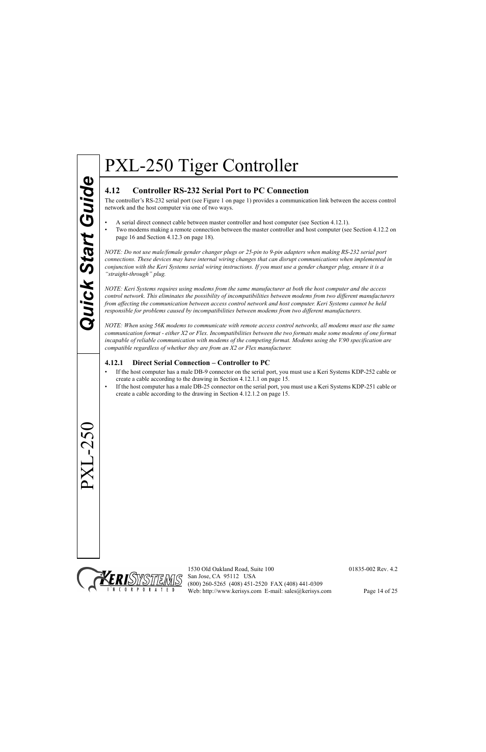12 controller rs-232 serial port to pc connection, 1 direct serial connection – controller to pc, Pxl-250 tiger controller | Quick start guide pxl-250 | Keri Systems PXL-250 Quick Start User Manual | Page 14 / 25