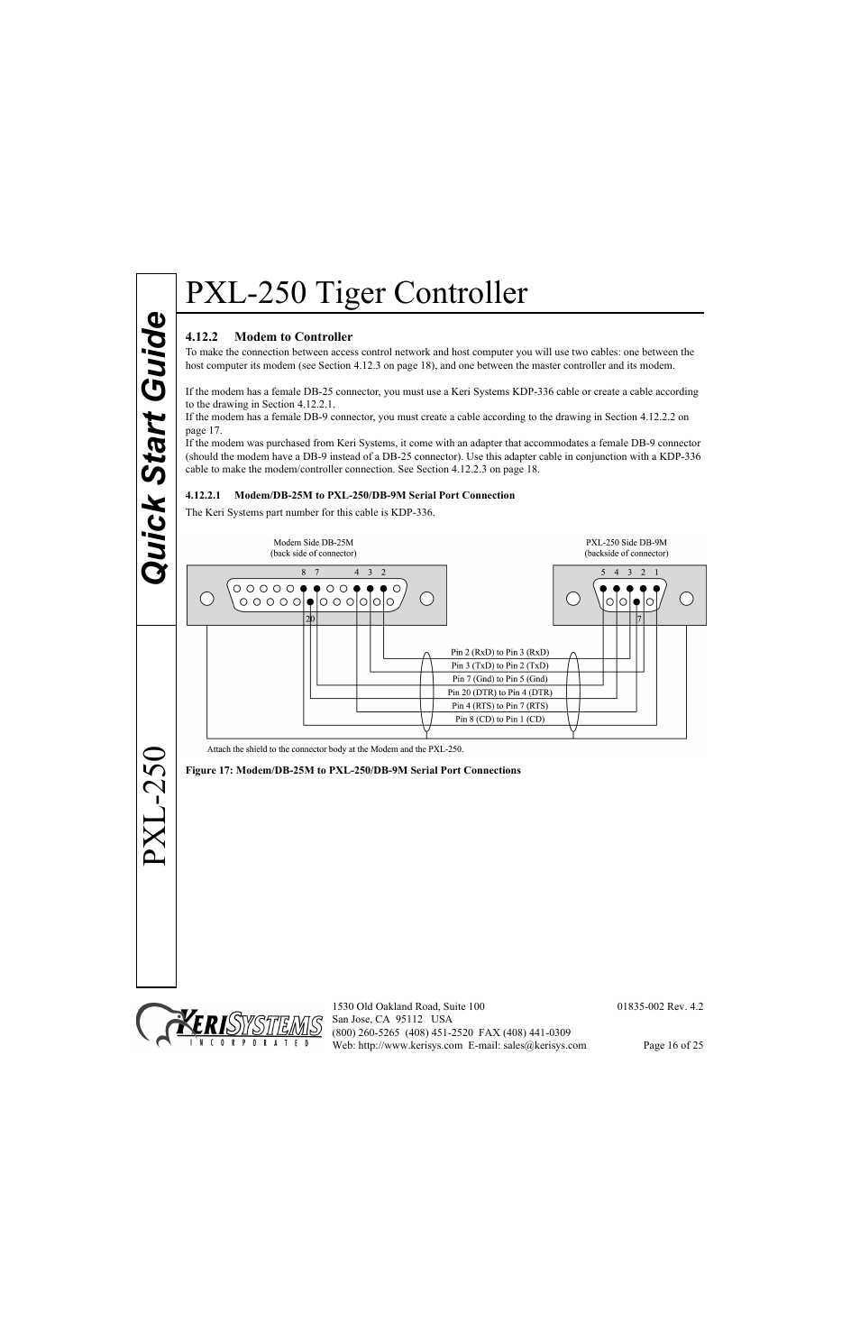 2 modem to controller, Pxl-250 tiger controller, Quick start guide pxl-250 | Keri Systems PXL-250 Quick Start User Manual | Page 16 / 25