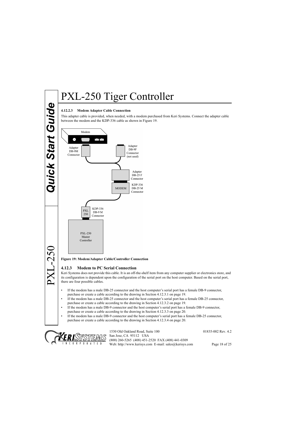 3 modem adapter cable connection, 3 modem to pc serial connection, Pxl-250 tiger controller | Quick start guide pxl-250 | Keri Systems PXL-250 Quick Start User Manual | Page 18 / 25