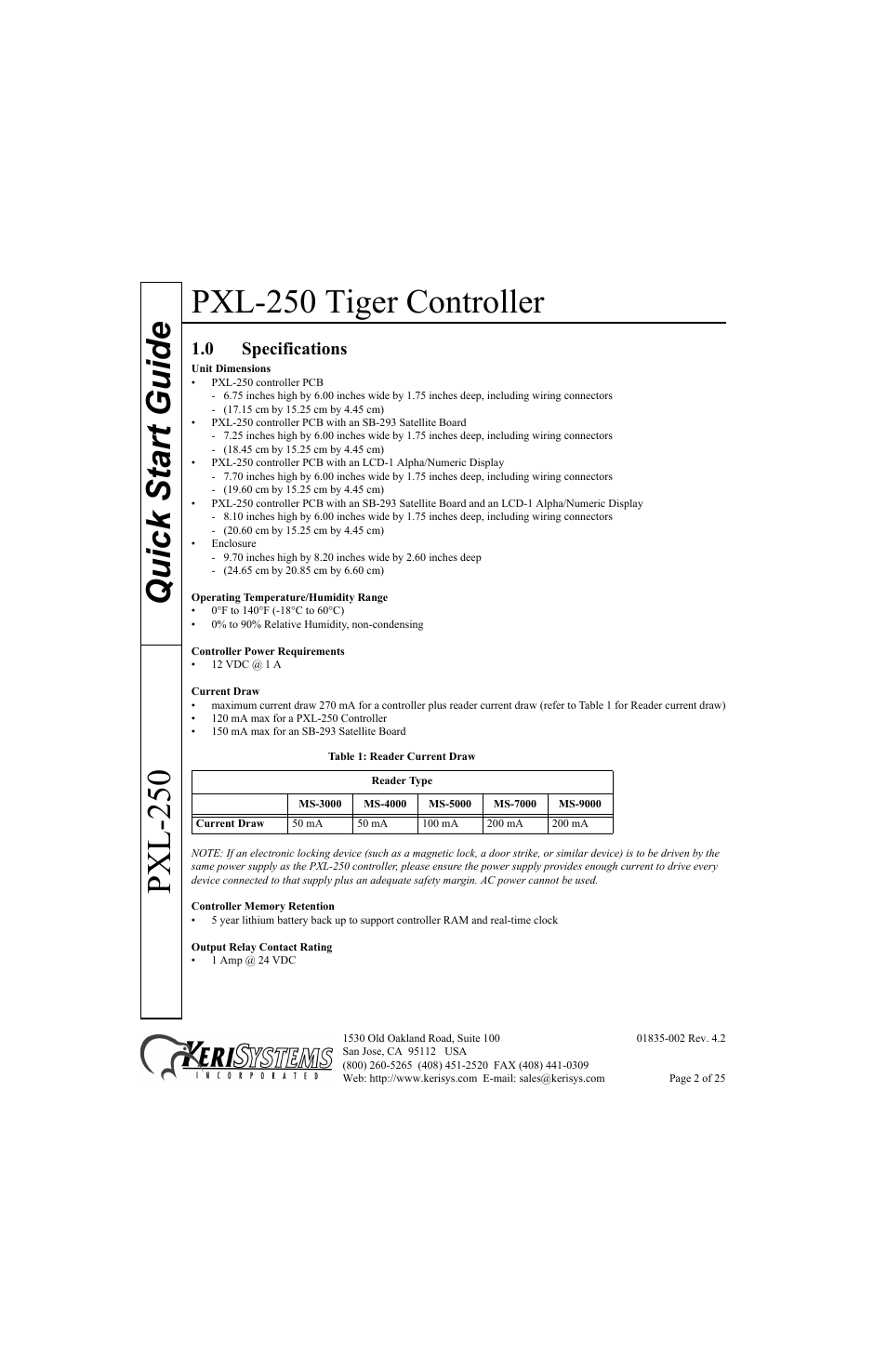 0 specifications, Pxl-250 tiger controller, Quick start guide pxl-250 | Keri Systems PXL-250 Quick Start User Manual | Page 2 / 25
