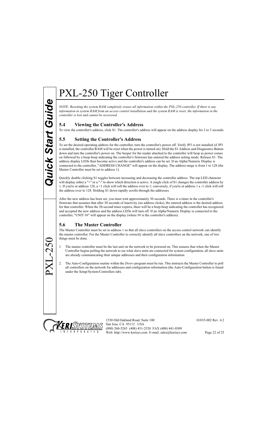 4 viewing the controller's address, 5 setting the controller's address, 6 the master controller | Pxl-250 tiger controller, Quick start guide pxl-250 | Keri Systems PXL-250 Quick Start User Manual | Page 22 / 25