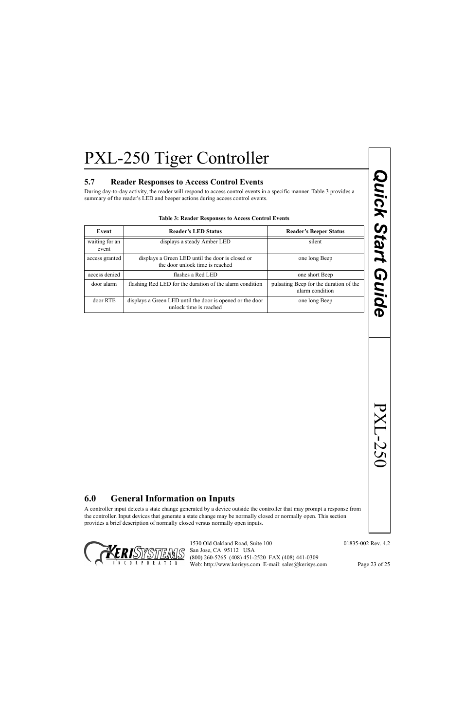 7 reader responses to access control events, 0 general information on inputs, Pxl-250 tiger controller | Pxl-250 quick start guide | Keri Systems PXL-250 Quick Start User Manual | Page 23 / 25