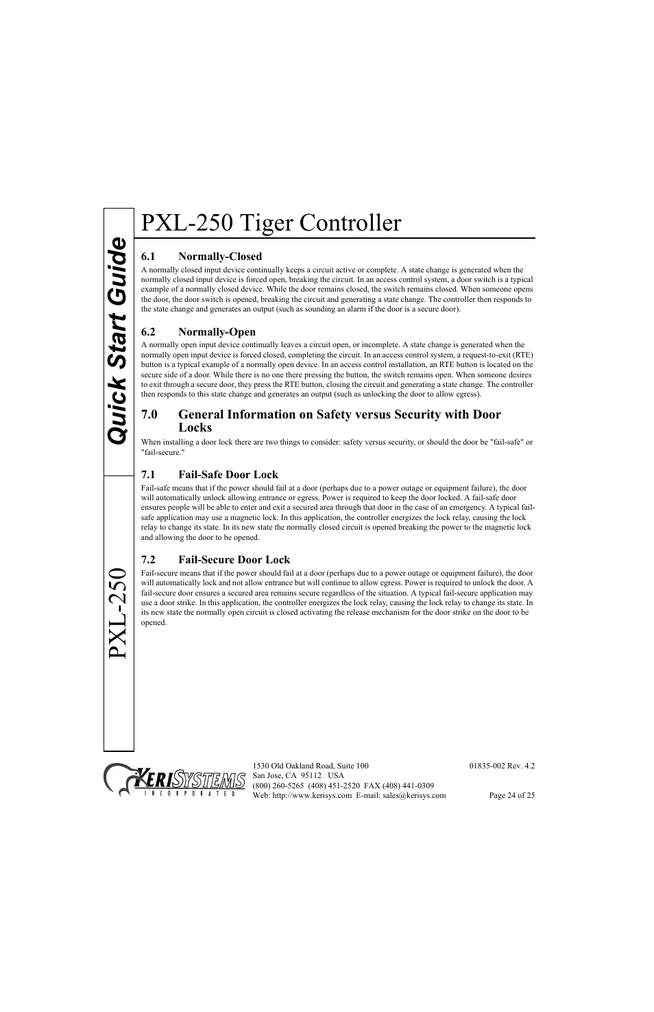 1 normally-closed, 2 normally-open, 1 fail-safe door lock | 2 fail-secure door lock, Pxl-250 tiger controller, Quick start guide pxl-250 | Keri Systems PXL-250 Quick Start User Manual | Page 24 / 25