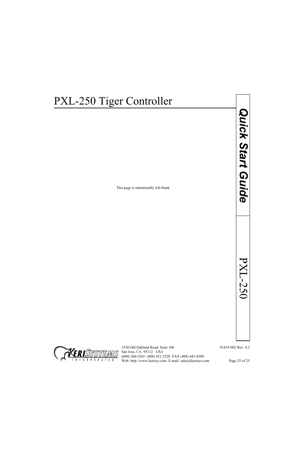 Pxl-250 tiger controller, Pxl-250 quick start guide | Keri Systems PXL-250 Quick Start User Manual | Page 25 / 25