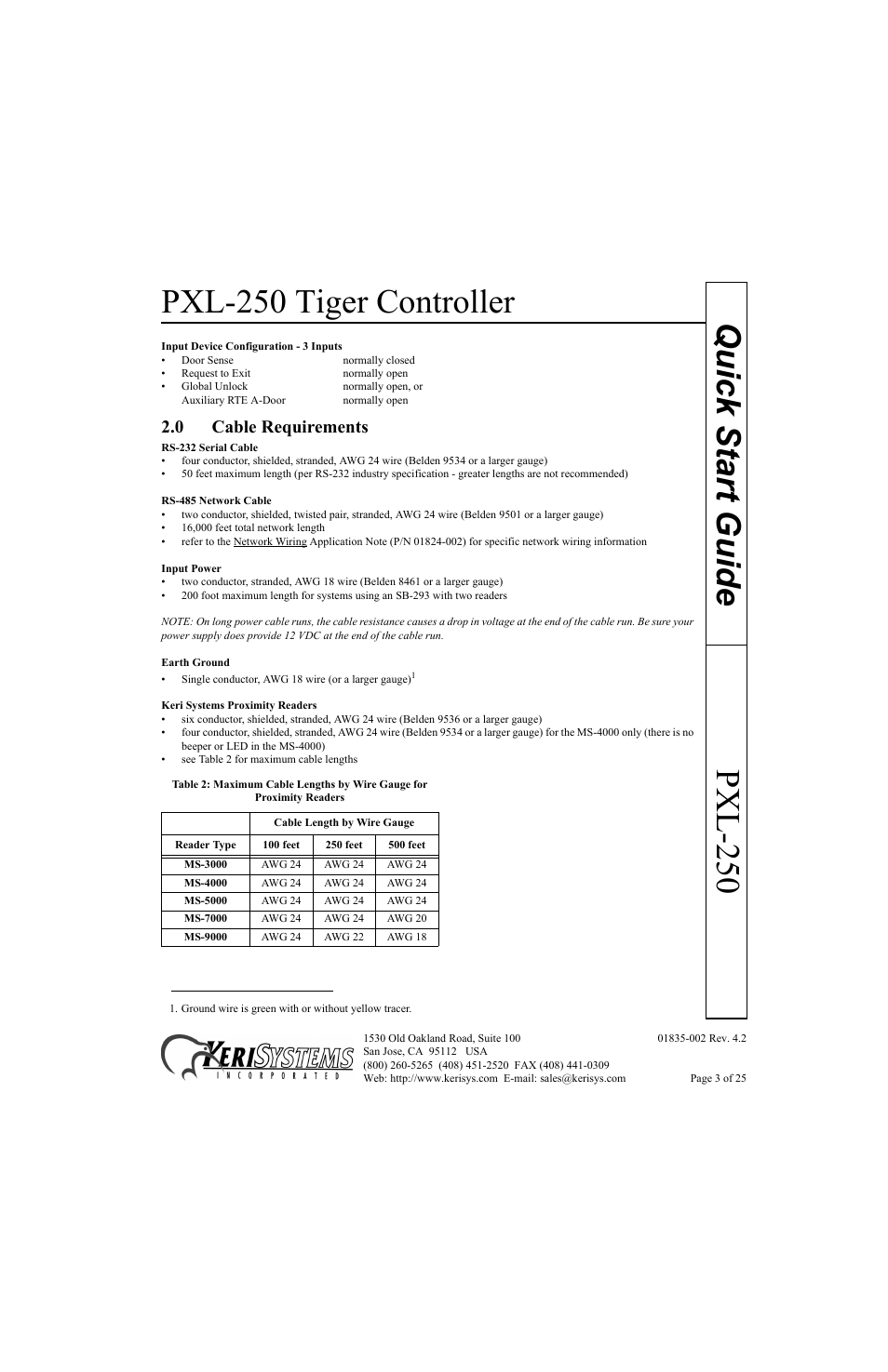 0 cable requirements, Pxl-250 tiger controller, Pxl-250 quick start guide | Keri Systems PXL-250 Quick Start User Manual | Page 3 / 25