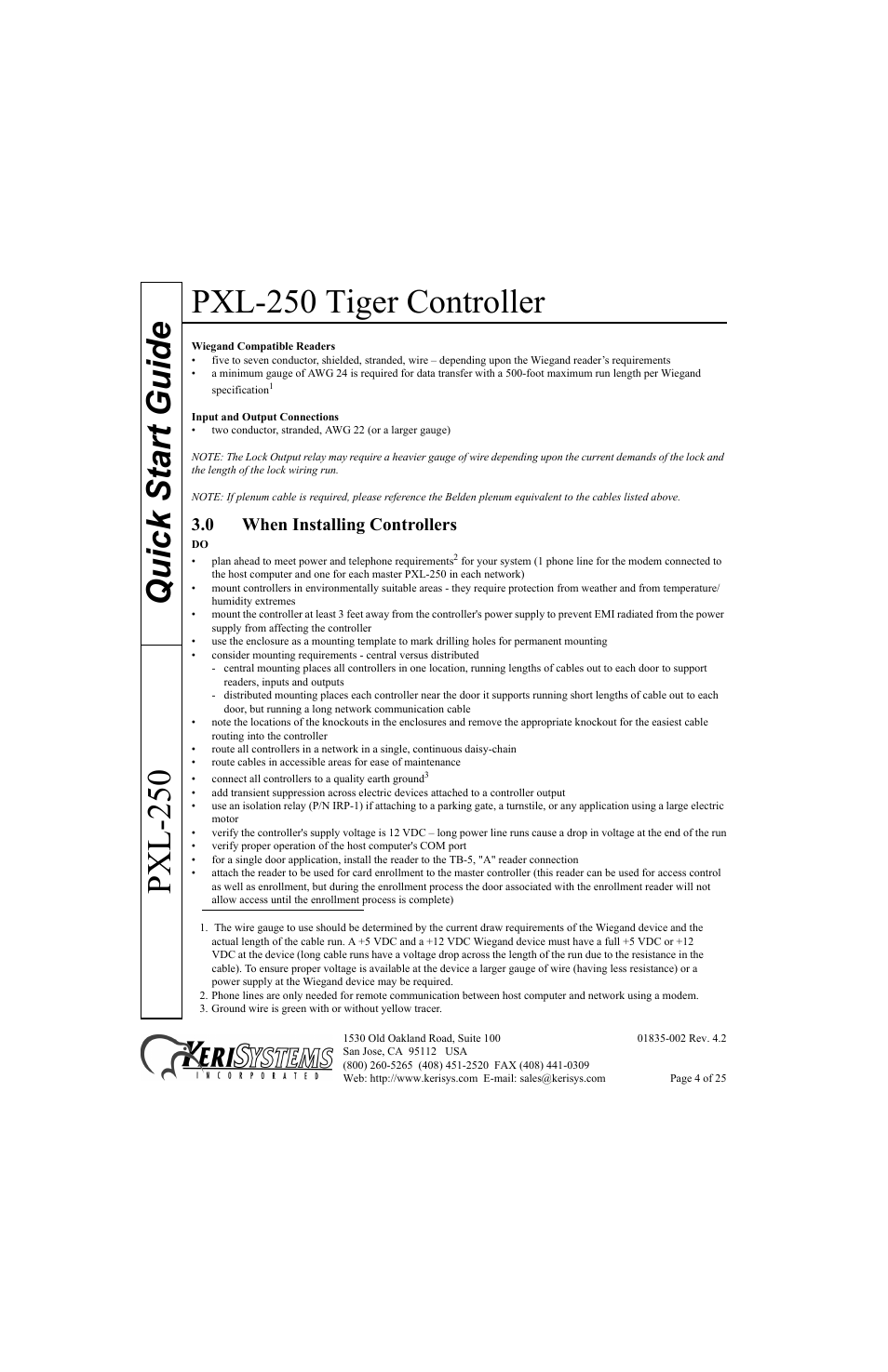 0 when installing controllers, Pxl-250 tiger controller, Quick start guide pxl-250 | Keri Systems PXL-250 Quick Start User Manual | Page 4 / 25