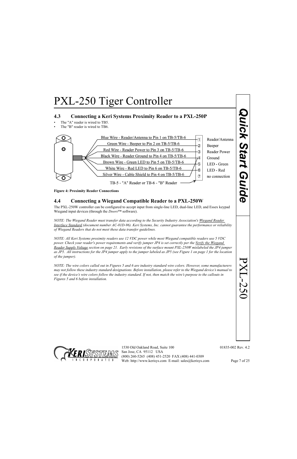 Pxl-250 tiger controller, Pxl-250 quick start guide | Keri Systems PXL-250 Quick Start User Manual | Page 7 / 25