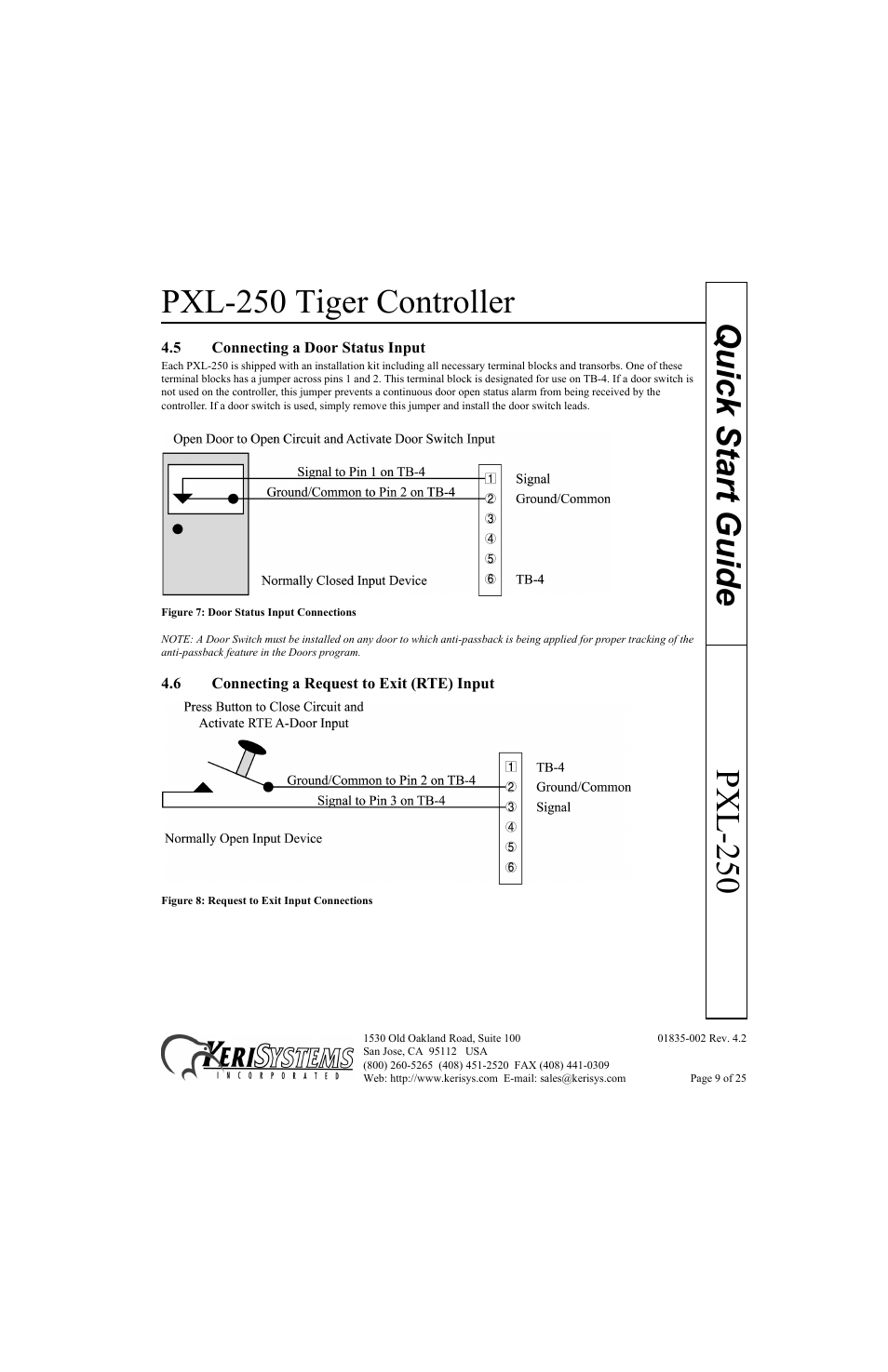 5 connecting a door status input, 6 connecting a request to exit (rte) input, Pxl-250 tiger controller | Pxl-250 quick start guide | Keri Systems PXL-250 Quick Start User Manual | Page 9 / 25