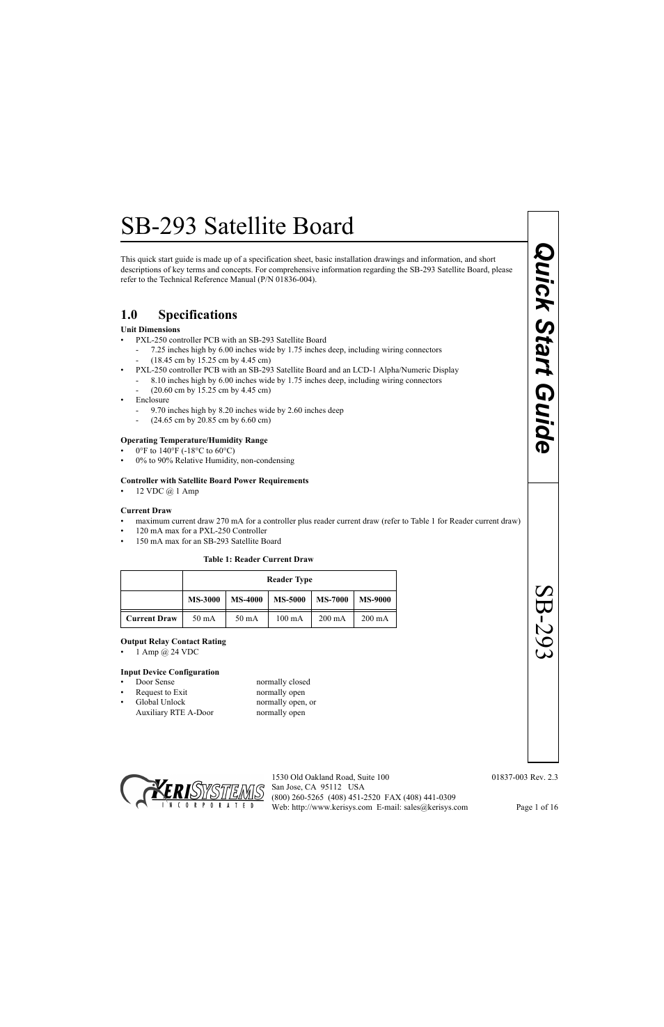 Keri Systems SB-293 Quick Start User Manual | 16 pages