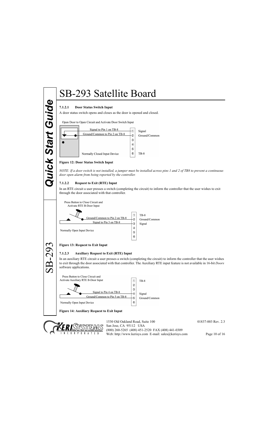 1 door status switch input, 2 request to exit (rte) input, 3 auxiliary request to exit (rte) input | Sb-293 satellite board, Quick start guide sb-293 | Keri Systems SB-293 Quick Start User Manual | Page 10 / 16