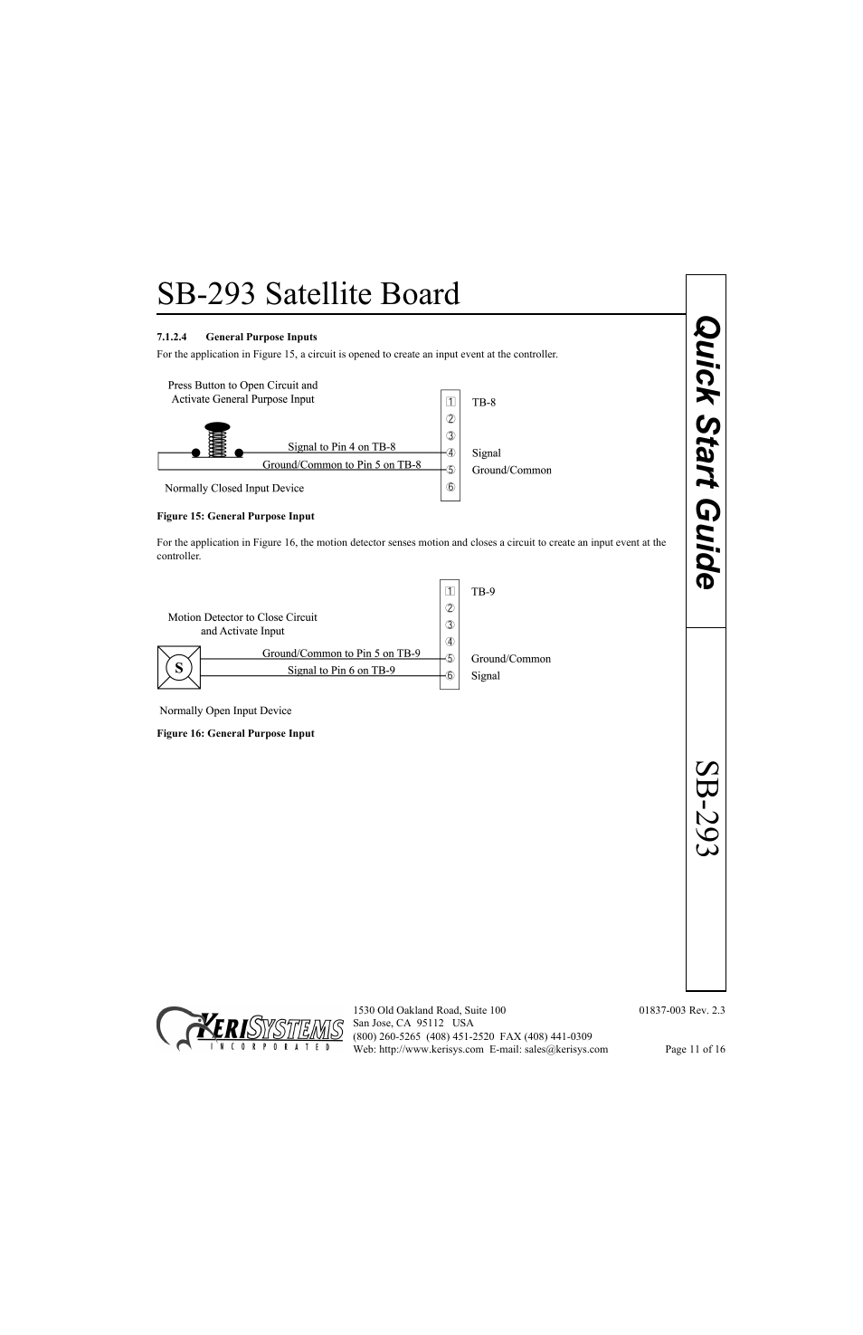 4 general purpose inputs, Sb-293 satellite board, Sb-293 quick start guide | Keri Systems SB-293 Quick Start User Manual | Page 11 / 16