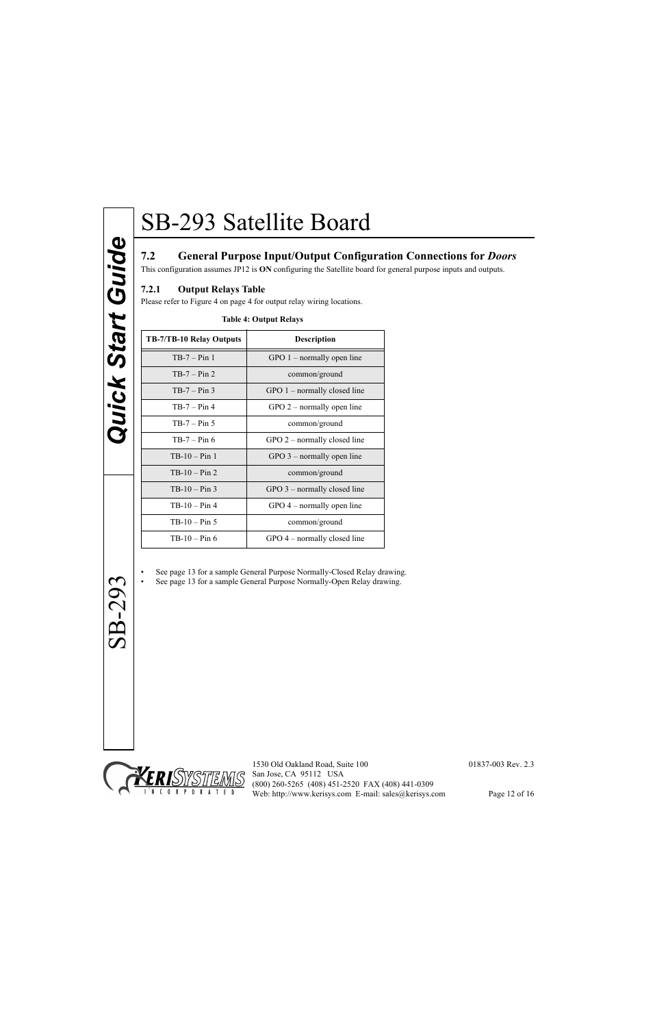 1 output relays table, Sb-293 satellite board, Quick start guide sb-293 | Keri Systems SB-293 Quick Start User Manual | Page 12 / 16