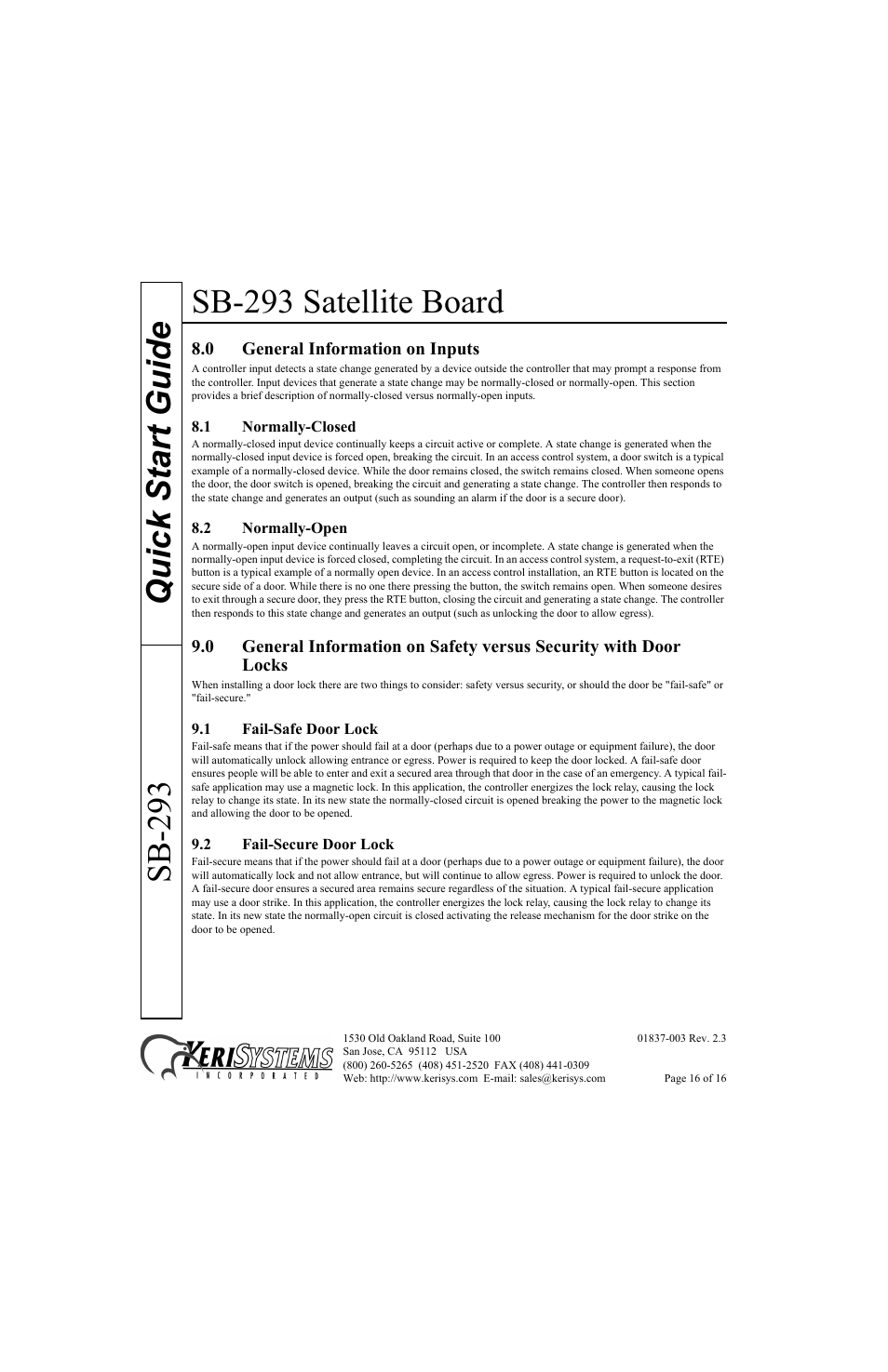 0 general information on inputs, 1 normally-closed, 2 normally-open | 1 fail-safe door lock, 2 fail-secure door lock, Sb-293 satellite board, Quick start guide sb-293 | Keri Systems SB-293 Quick Start User Manual | Page 16 / 16
