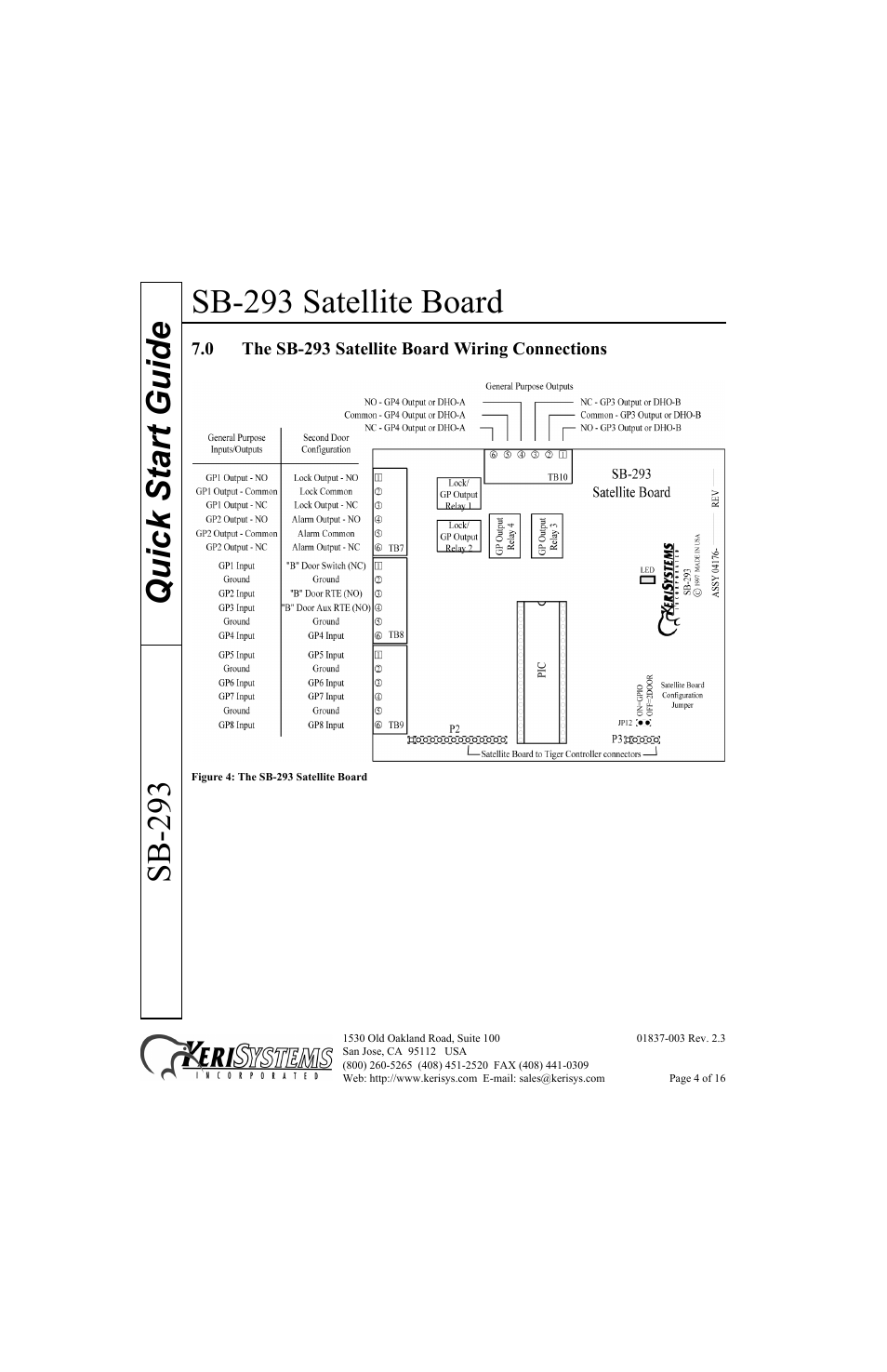 0 the sb-293 satellite board wiring connections, Sb-293 satellite board, Quick start guide sb-293 | Keri Systems SB-293 Quick Start User Manual | Page 4 / 16