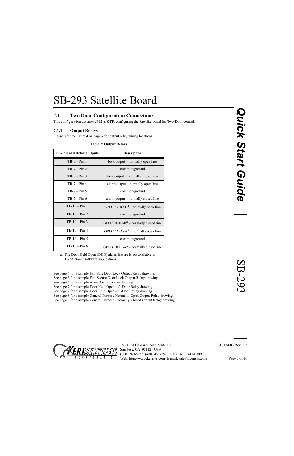 1 two door configuration connections, 1 output relays, Sb-293 satellite board | Sb-293 quick start guide | Keri Systems SB-293 Quick Start User Manual | Page 5 / 16