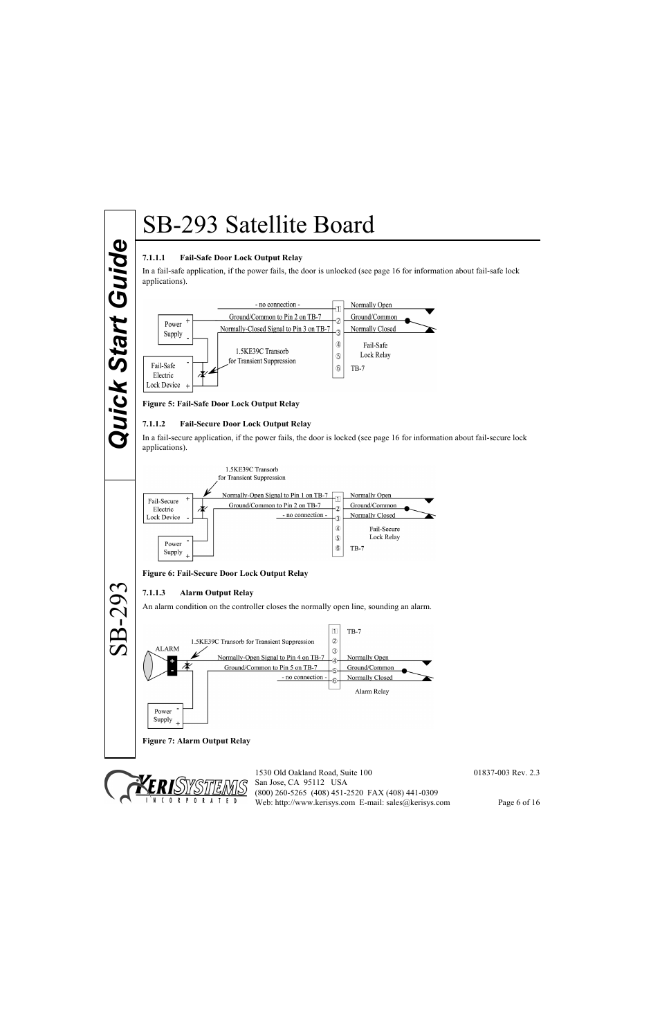 1 fail-safe door lock output relay, 2 fail-secure door lock output relay, 3 alarm output relay | Sb-293 satellite board, Quick start guide sb-293 | Keri Systems SB-293 Quick Start User Manual | Page 6 / 16