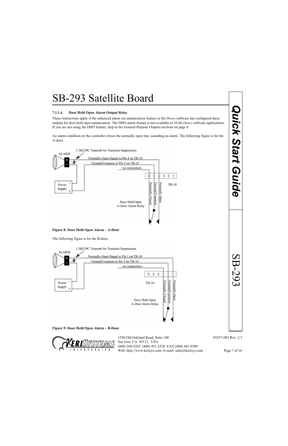 4 door held open alarm output relay, Sb-293 satellite board, Sb-293 quick start guide | Keri Systems SB-293 Quick Start User Manual | Page 7 / 16