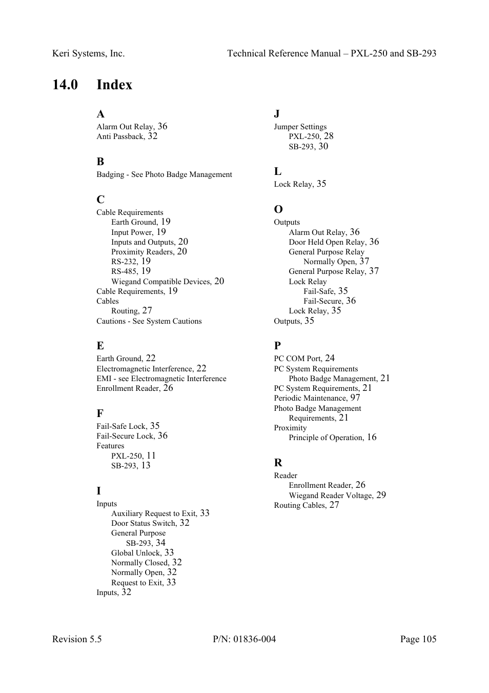 0 index, Index | Keri Systems SB-293 User Manual | Page 105 / 108