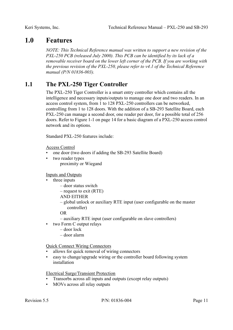 0 features, 1 the pxl-250 tiger controller, Features | The pxl-250 tiger controller | Keri Systems SB-293 User Manual | Page 11 / 108