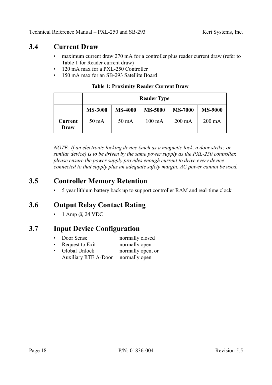 4 current draw, 5 controller memory retention, 6 output relay contact rating | 7 input device configuration, Table1: proximity reader current draw | Keri Systems SB-293 User Manual | Page 18 / 108