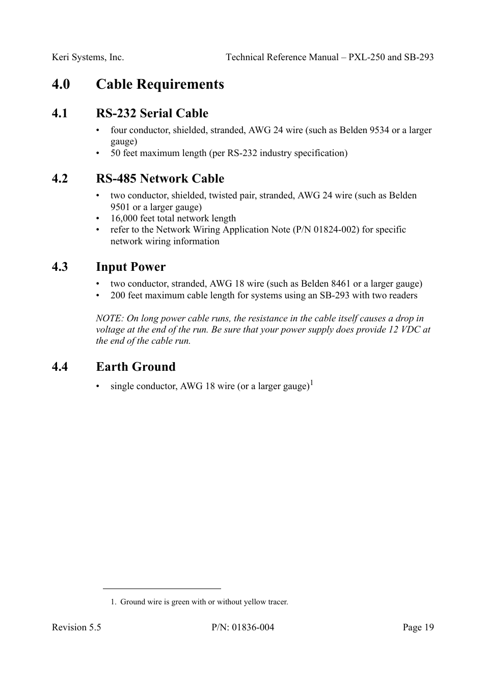 0 cable requirements, 1 rs-232 serial cable, 2 rs-485 network cable | 3 input power, 4 earth ground, Cable requirements | Keri Systems SB-293 User Manual | Page 19 / 108