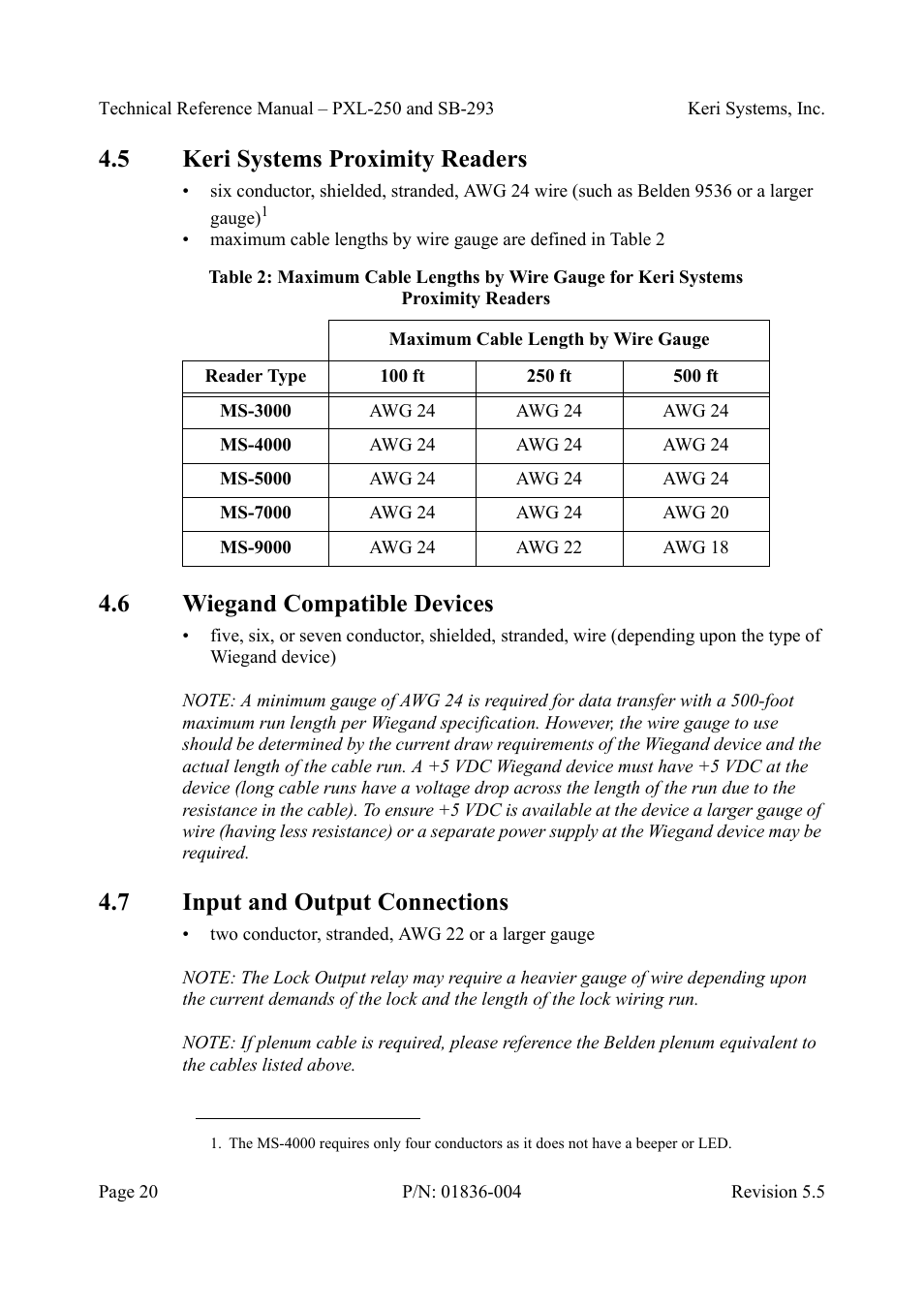 5 keri systems proximity readers, 6 wiegand compatible devices, 7 input and output connections | Keri Systems SB-293 User Manual | Page 20 / 108