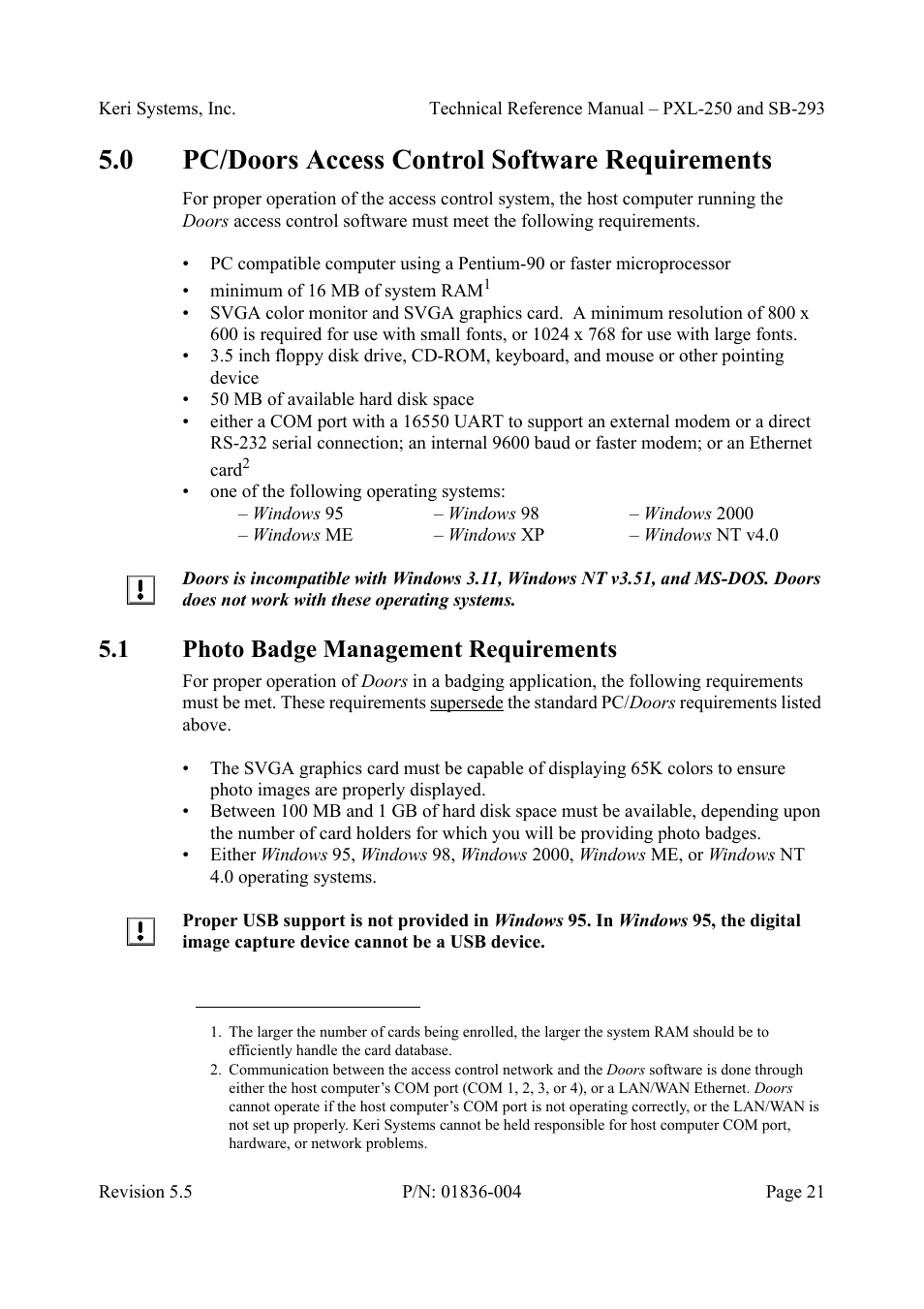 0 pc/doors access control software requirements, 1 photo badge management requirements, Pc/doors access control software requirements | Photo badge management requirements | Keri Systems SB-293 User Manual | Page 21 / 108