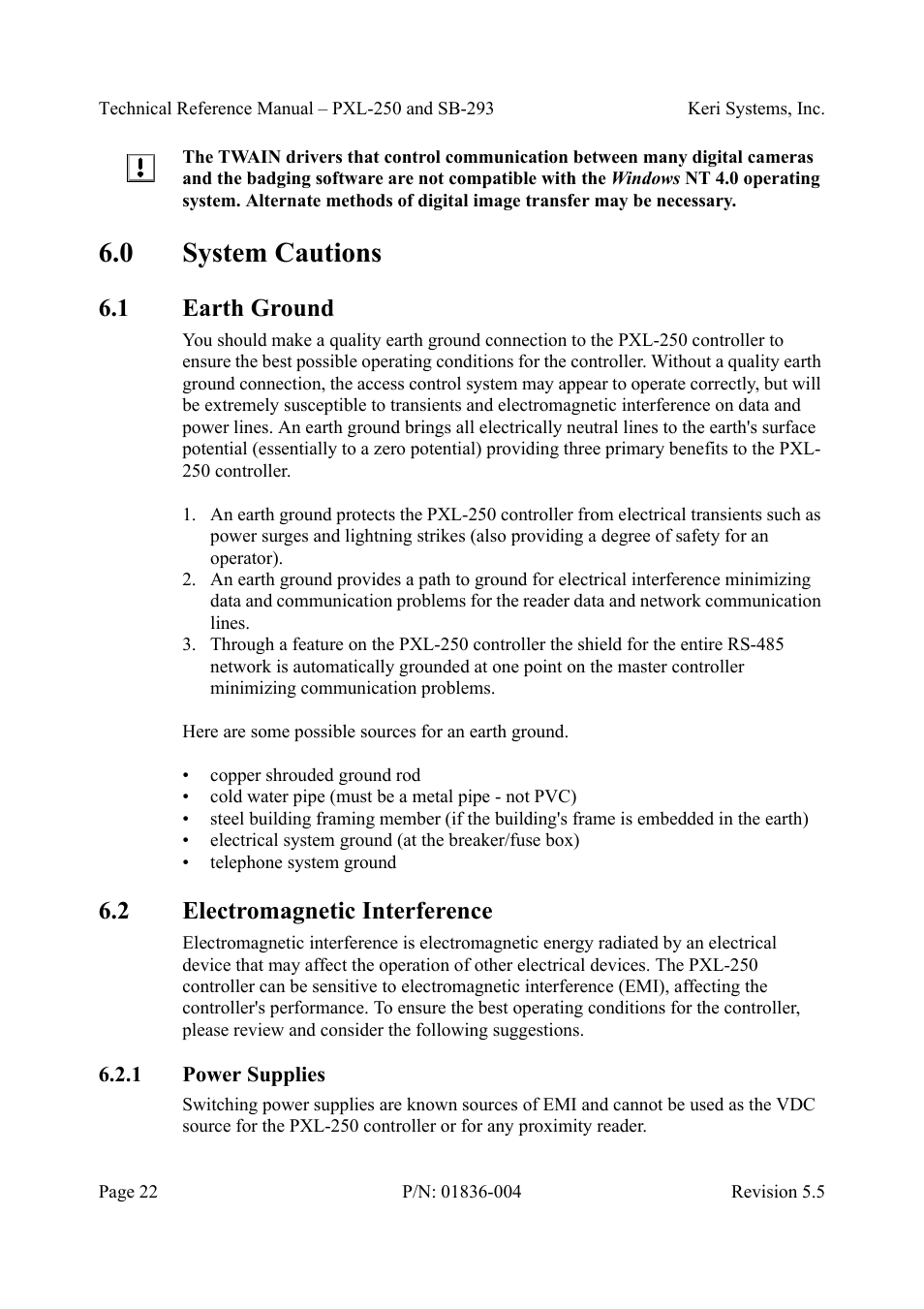 0 system cautions, 1 earth ground, 2 electromagnetic interference | 1 power supplies, System cautions, Earth ground electromagnetic interference, Power supplies | Keri Systems SB-293 User Manual | Page 22 / 108