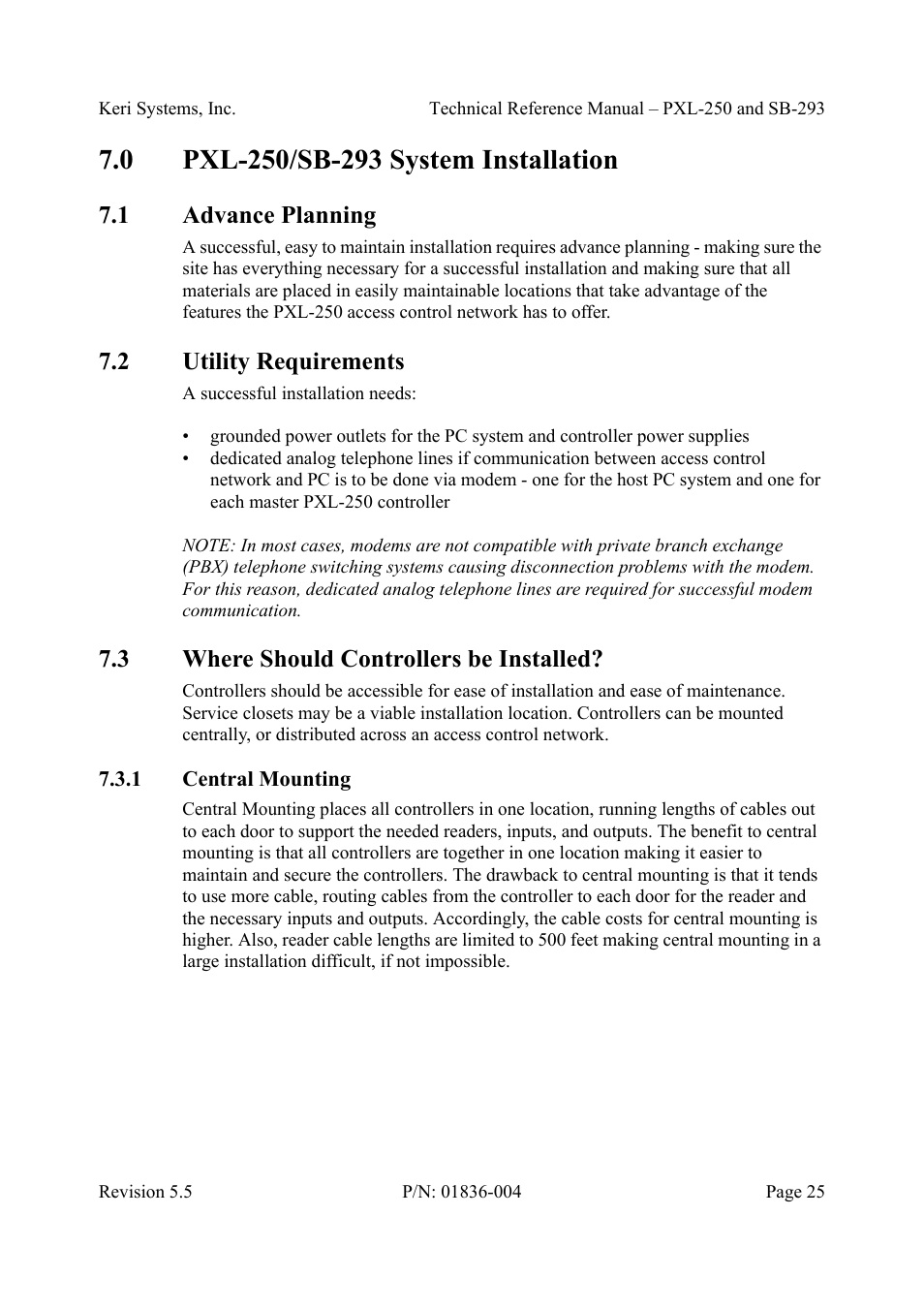 0 pxl-250/sb-293 system installation, 1 advance planning, 2 utility requirements | 3 where should controllers be installed, 1 central mounting, Pxl-250/sb-293 system installation, Central mounting | Keri Systems SB-293 User Manual | Page 25 / 108