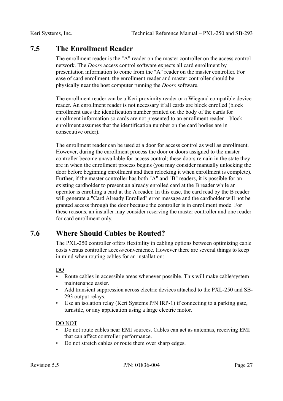 5 the enrollment reader, 6 where should cables be routed | Keri Systems SB-293 User Manual | Page 27 / 108