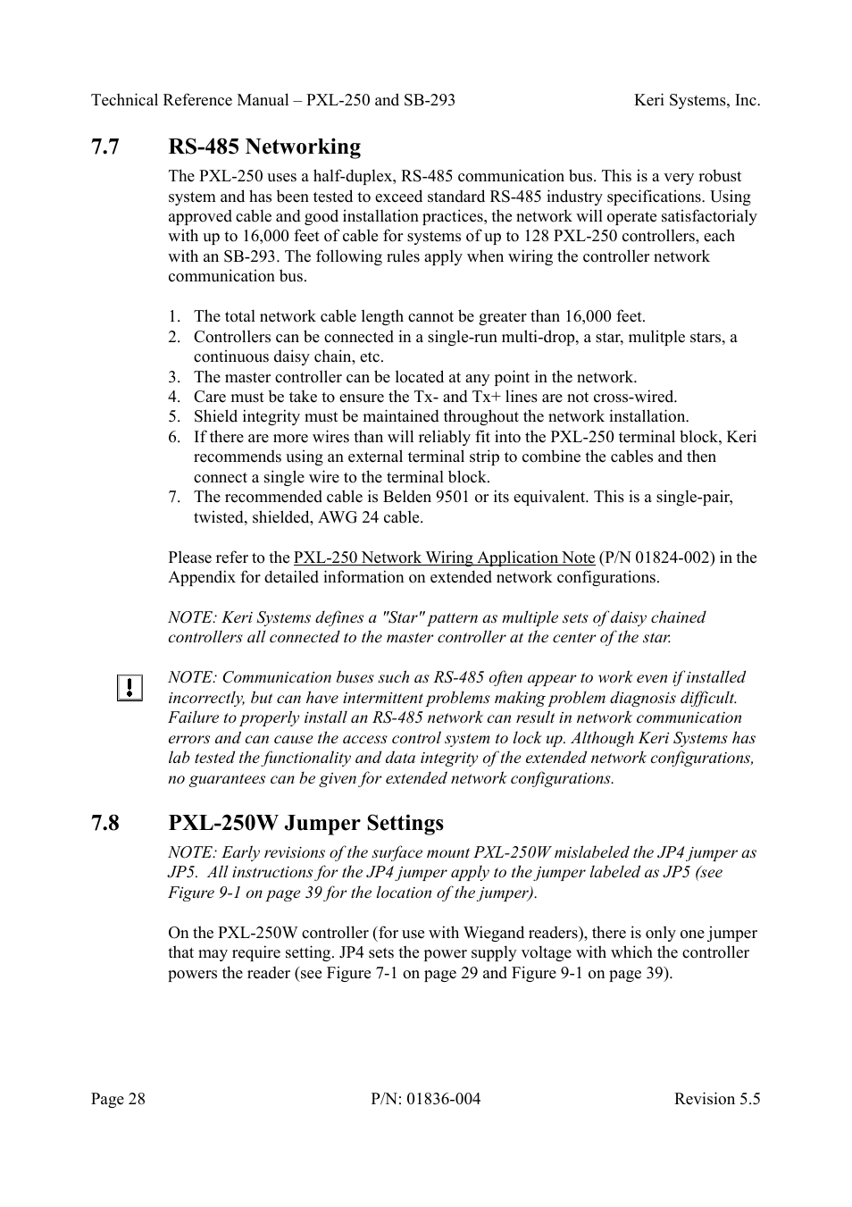 7 rs-485 networking, 8 pxl-250w jumper settings, Rs-485 networking pxl-250w jumper settings | Keri Systems SB-293 User Manual | Page 28 / 108