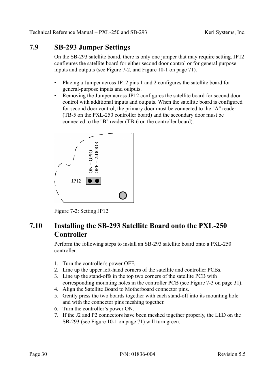9 sb-293 jumper settings, Figure 7-2: setting jp12 | Keri Systems SB-293 User Manual | Page 30 / 108