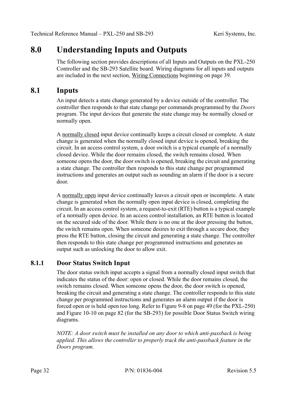 0 understanding inputs and outputs, 1 inputs, 1 door status switch input | Understanding inputs and outputs, Inputs, Door status switch input | Keri Systems SB-293 User Manual | Page 32 / 108