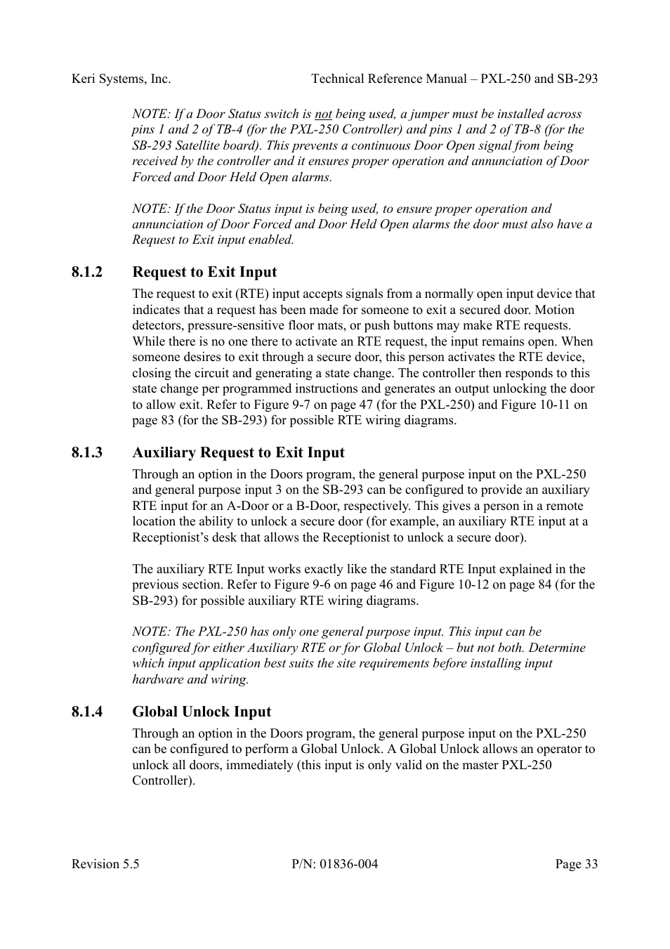 2 request to exit input, 3 auxiliary request to exit input, 4 global unlock input | Keri Systems SB-293 User Manual | Page 33 / 108