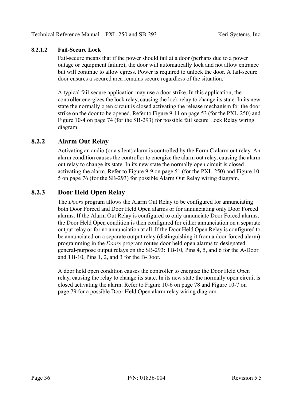 2 fail-secure lock, 2 alarm out relay, 3 door held open relay | Fail-secure lock, Alarm out relay door held open relay | Keri Systems SB-293 User Manual | Page 36 / 108