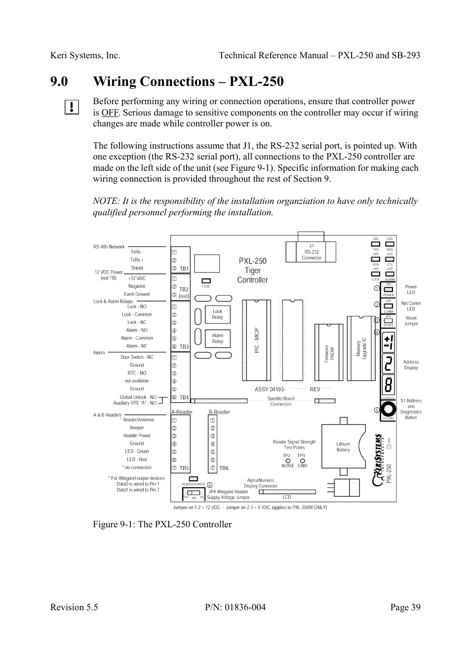 0 wiring connections - pxl-250, Wiring connections – pxl-250, Figure 9-1: the pxl-250 controller | 0 wiring connections – pxl-250 | Keri Systems SB-293 User Manual | Page 39 / 108