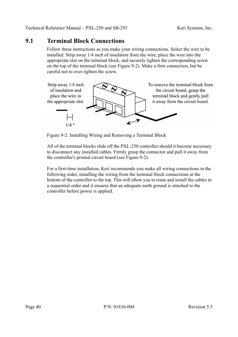 1 terminal block connections, Terminal block connections | Keri Systems SB-293 User Manual | Page 40 / 108