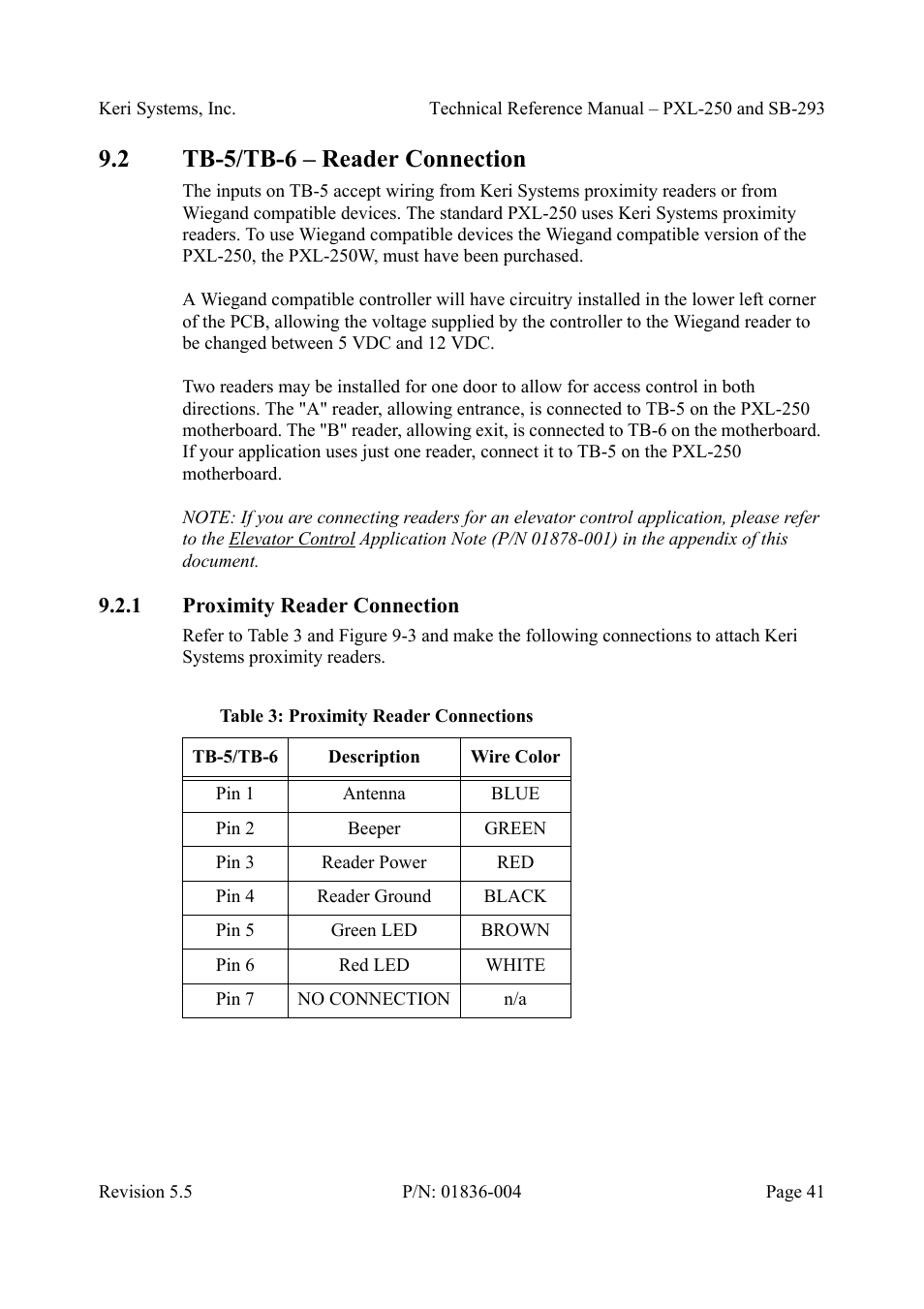 2 tb-5/tb-6 - reader connection, 1 proximity reader connection, Tb-5/tb-6 – reader connection | Proximity reader connection, Table3: proximity reader connections, 2 tb-5/tb-6 – reader connection | Keri Systems SB-293 User Manual | Page 41 / 108