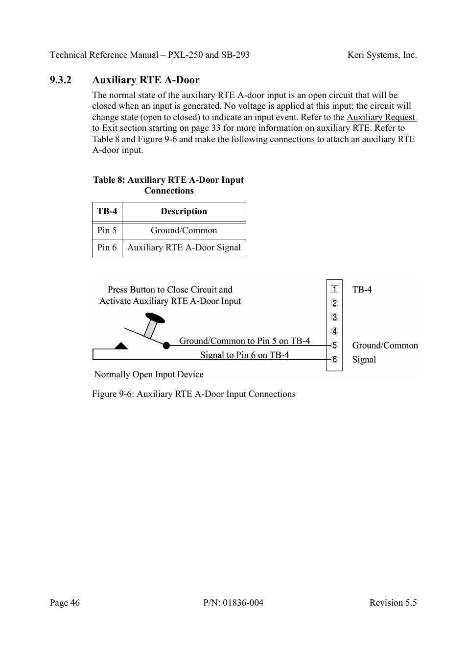 2 auxiliary rte a-door, Auxiliary rte a-door, Figure 9-6: auxiliary rte a-door input connections | Table8: auxiliary rte a-door input connections | Keri Systems SB-293 User Manual | Page 46 / 108