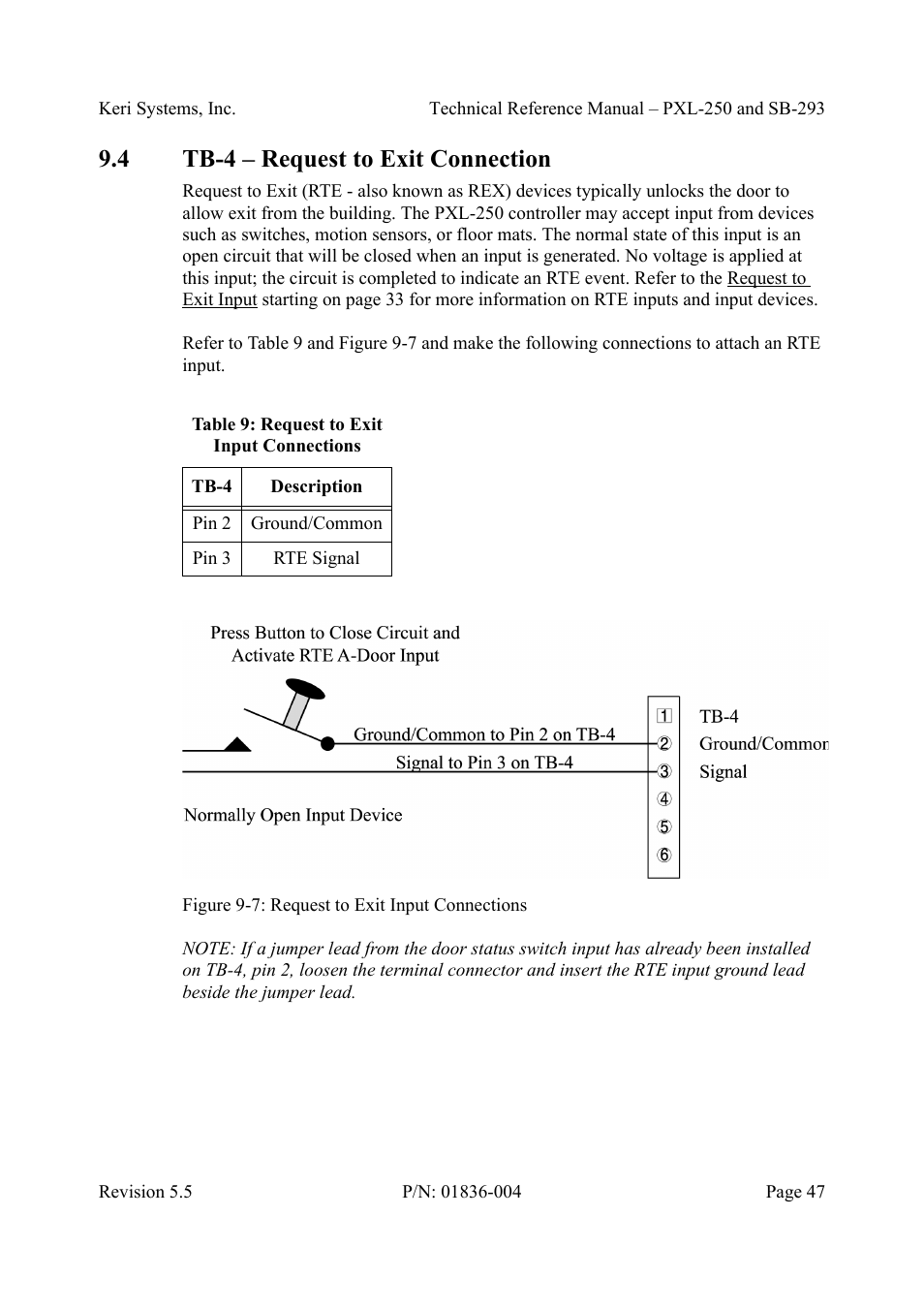 4 tb-4 - request to exit connection, Tb-4 – request to exit connection, Figure 9-7: request to exit input connections | Table9: request to exit input connections, 4 tb-4 – request to exit connection | Keri Systems SB-293 User Manual | Page 47 / 108