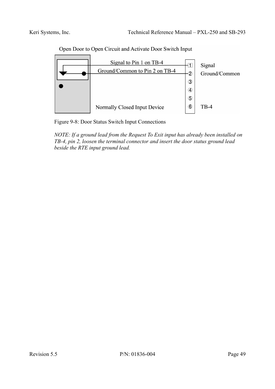 Figure 9-8: door status switch input connections | Keri Systems SB-293 User Manual | Page 49 / 108