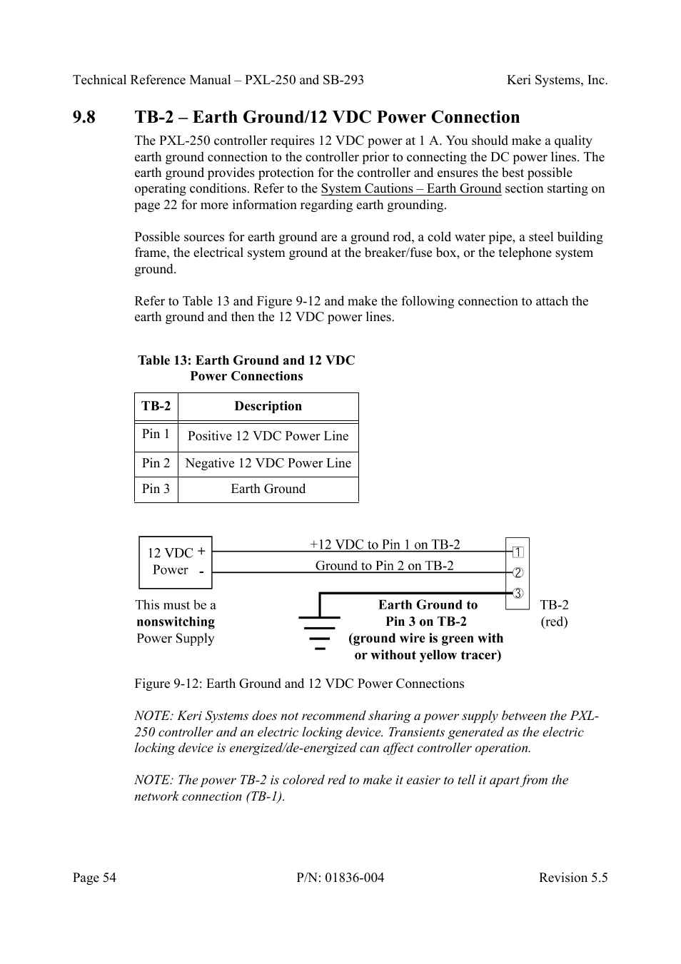 8 tb-2 - earth ground/12 vdc power connection, Tb-2 – earth ground/12 vdc power connection, Table13: earth ground and 12 vdc power connections | 8 tb-2 – earth ground/12 vdc power connection | Keri Systems SB-293 User Manual | Page 54 / 108