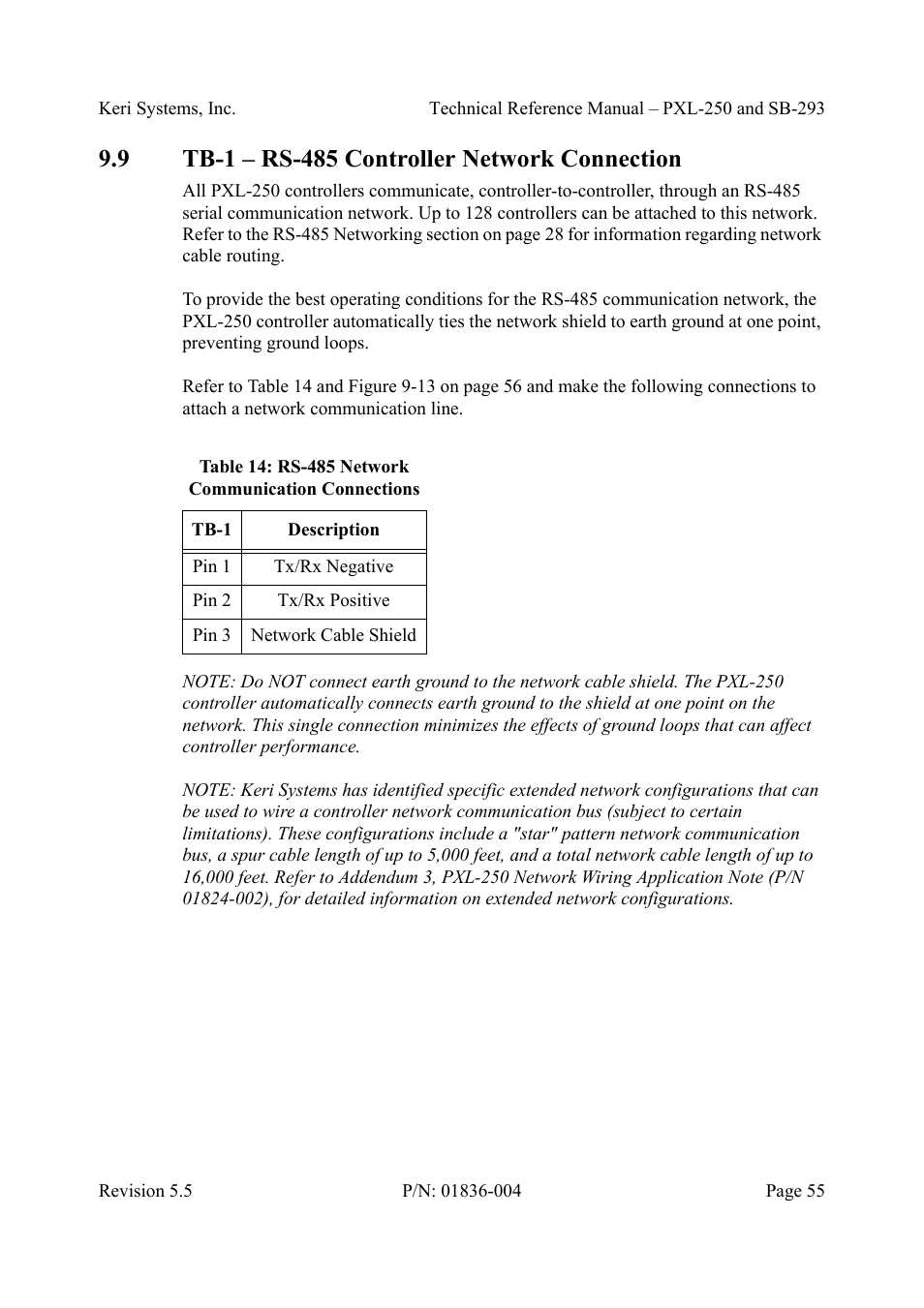 9 tb-1 - rs-485 controller network connection, Tb-1 – rs-485 controller network connection, Table14: rs-485 network communication connections | Keri Systems SB-293 User Manual | Page 55 / 108